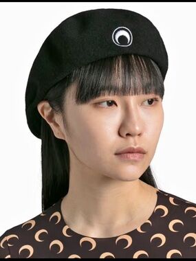 Rare Marine Serre Black Wool Beret with Crescent Motif